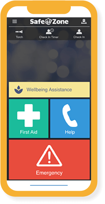Graphic of a smartphone showing the SafeZone app landing page with black, green, blue and read squares for different functions.