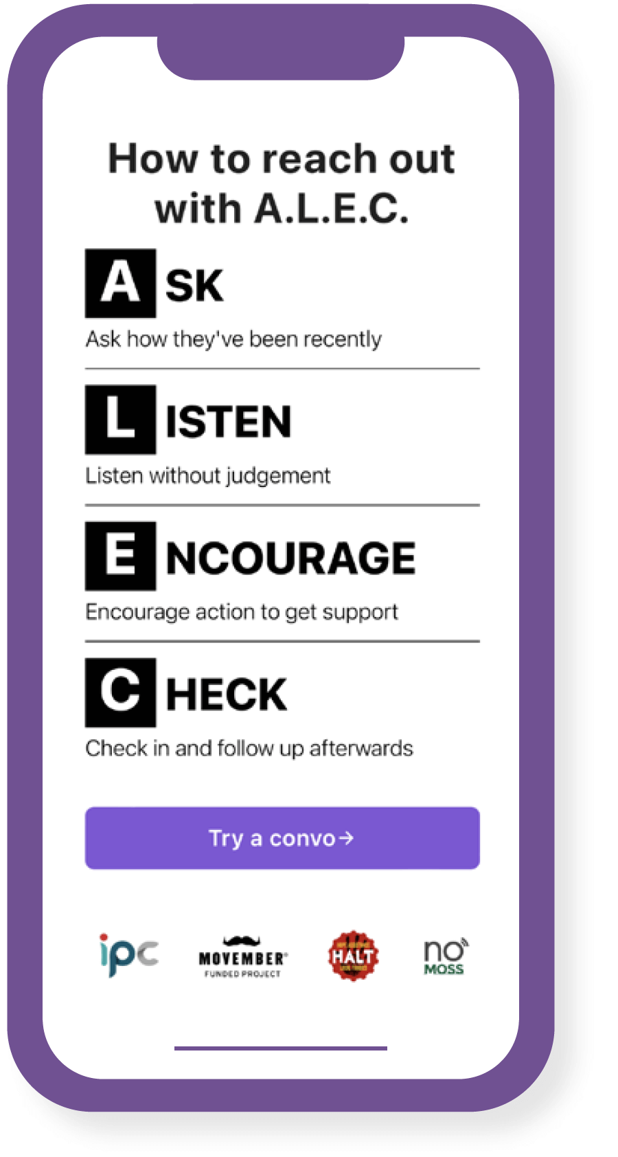 Graphic of a smartphone showing the A.L.E.C. model ‐ Ask, Listen, Encourage, Check.
